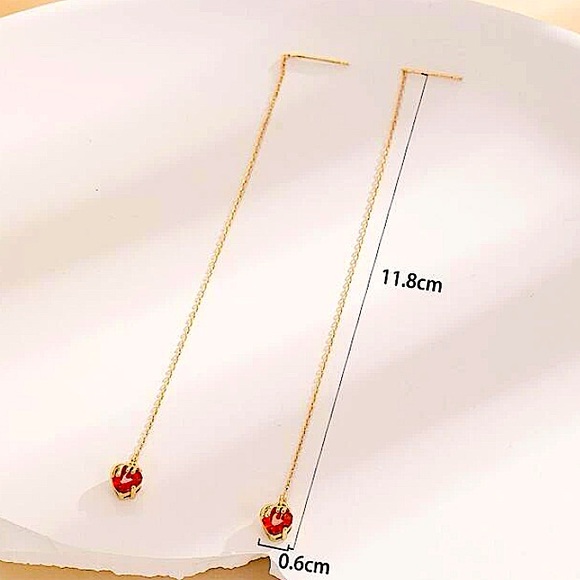 18K GOLD PLATED STRAWBERRY ZIRCON THREADER EARRINGS - Picture 4 of 4